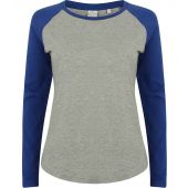 SF Ladies Long Sleeve Baseball T-Shirt - Heather Grey/Royal Blue Size XS